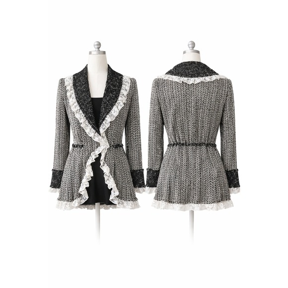 Alberto Makali Sweaters - Alberto Makali Herringbone Lace Ruffle Cardigan Jacket L Coquette Dark Academia
